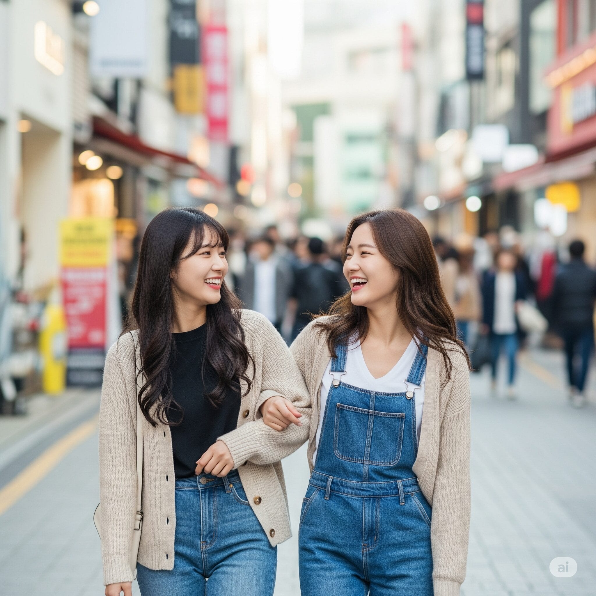 ソウルの街を腕を組んで楽しそうに歩く二人の若い女性