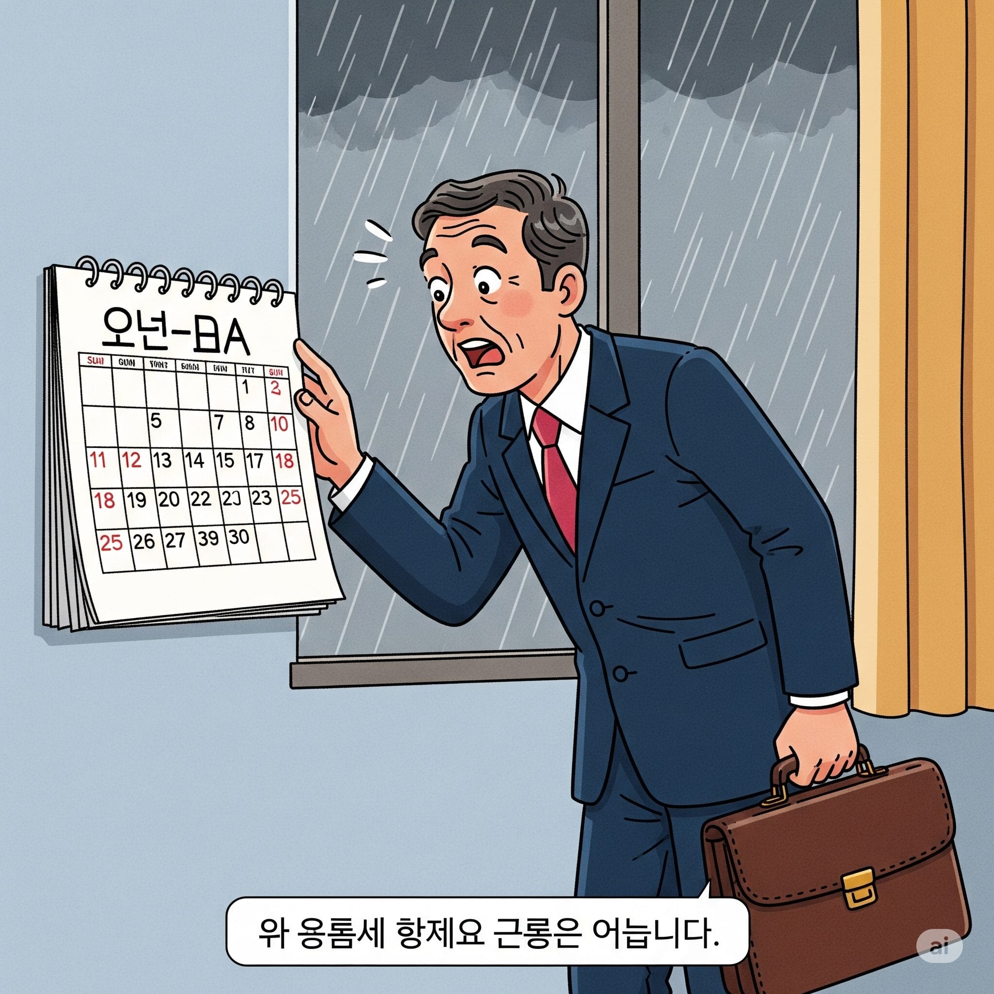 仕事の鞄を持って、日曜日のカレンダーを見て愕然とする人のイラスト