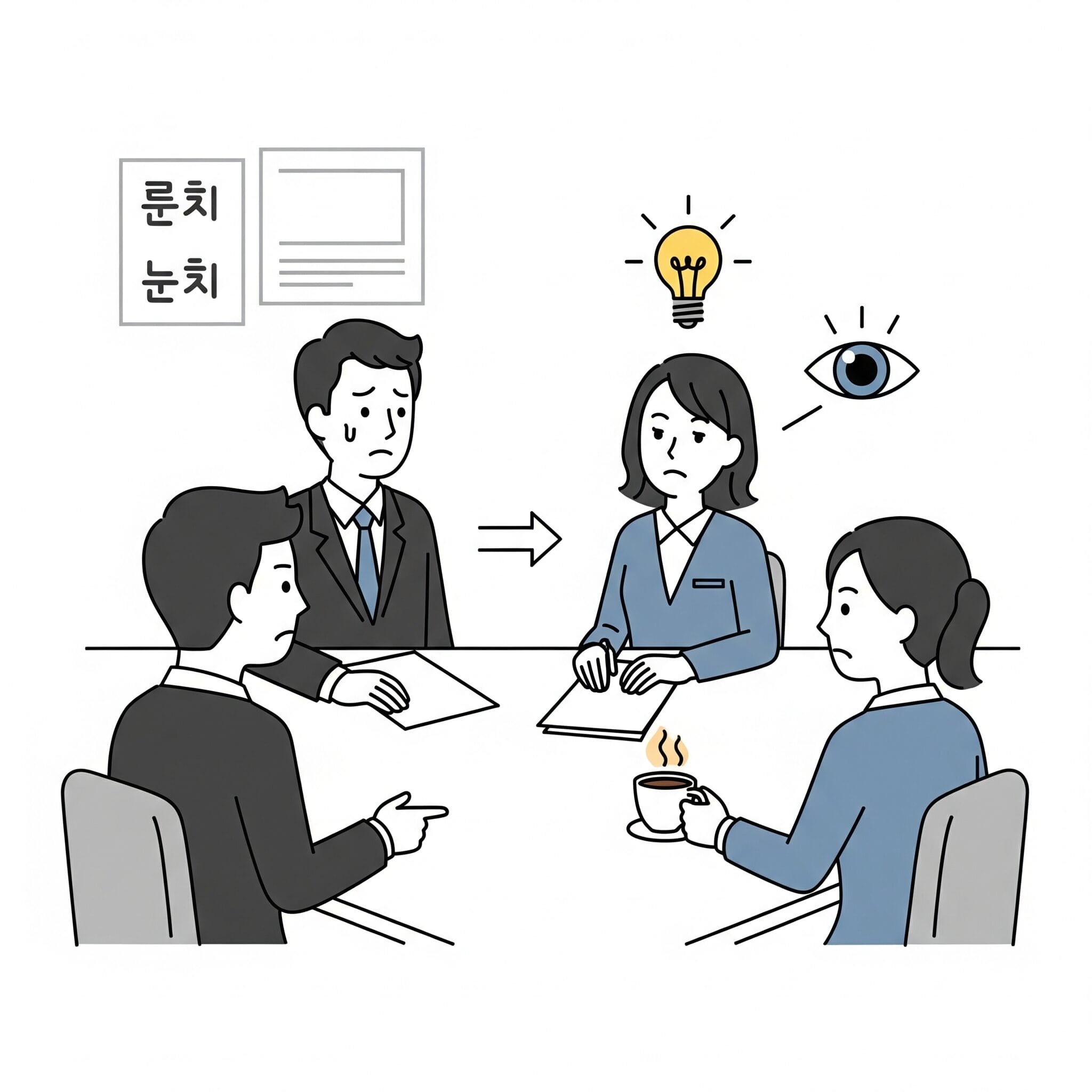 会議中、不機嫌な上司の様子を察知して、機転を利かせる部下のイラスト