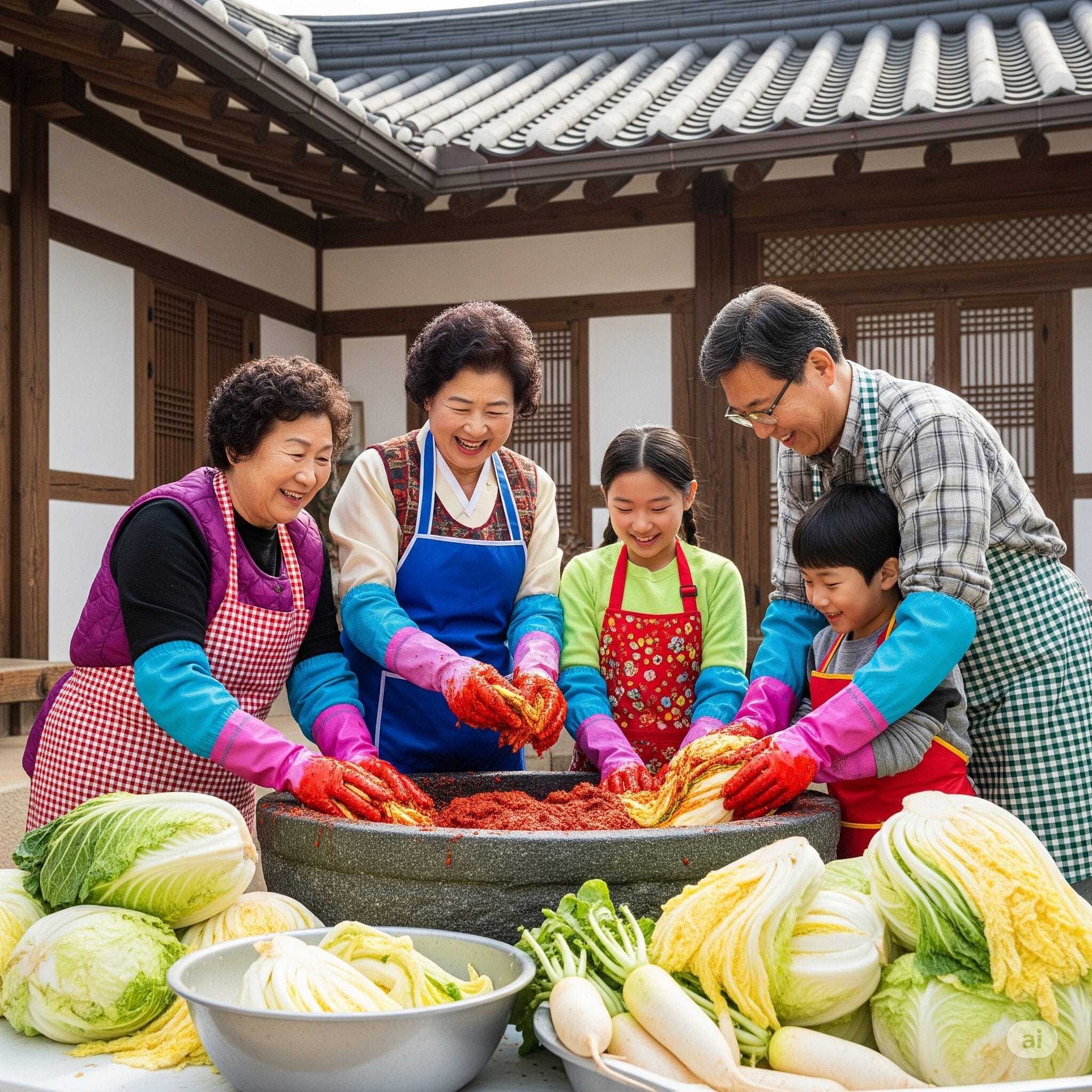多世代の家族が中庭に集まり、楽しそうに笑いながらキムチを漬け込んでいる活気のあるシーン