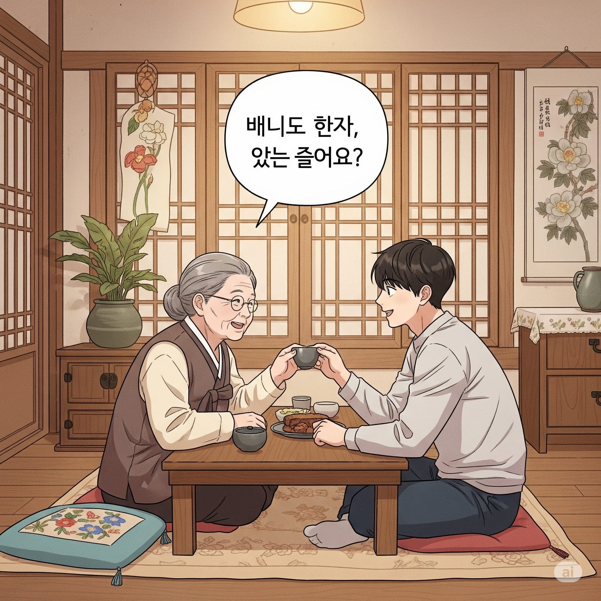 孫に「ご飯食べた？」と優しく尋ねる韓国のおばあさんのイラスト