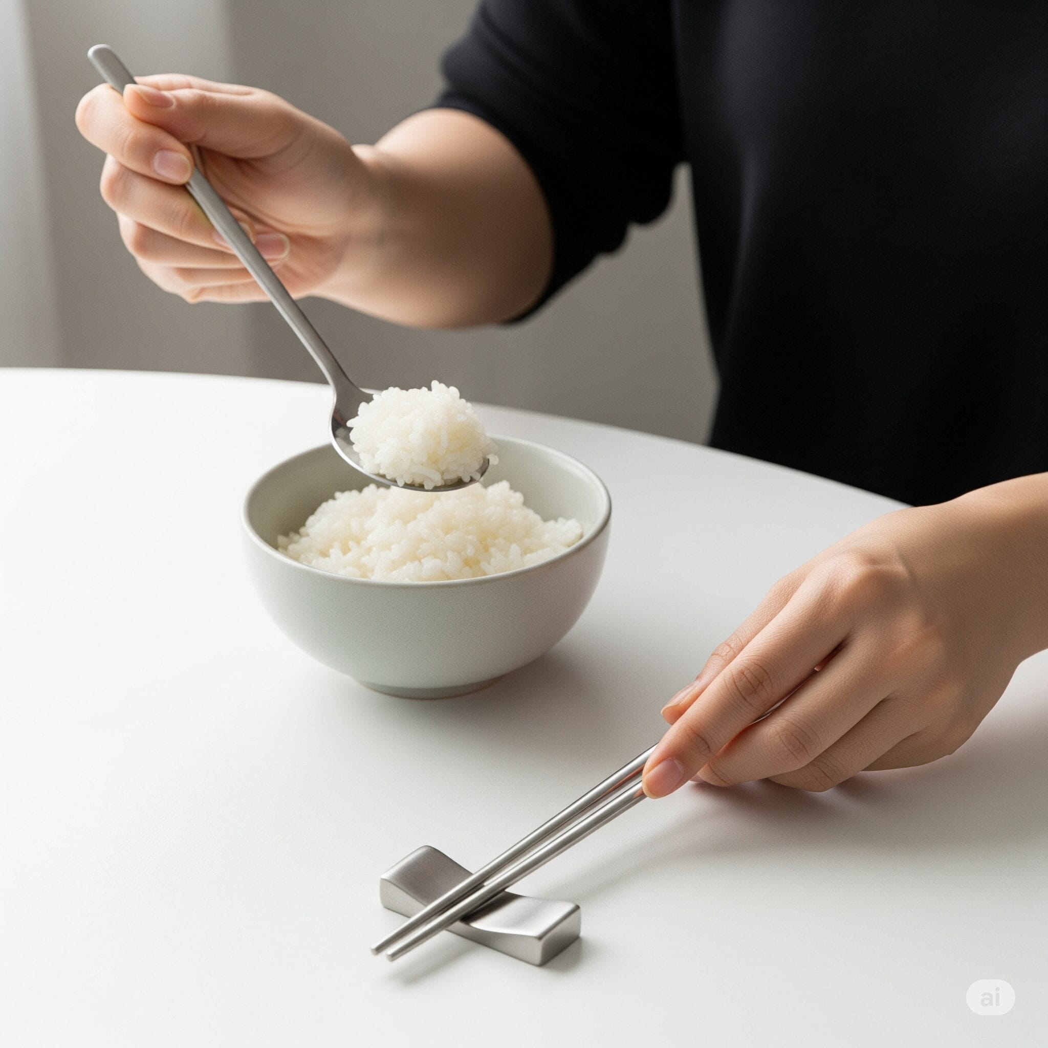 スプーンでご飯を食べ、箸はおかずのためにテーブルに置かれている、韓国の正しい食器の使い方のクローズアップ