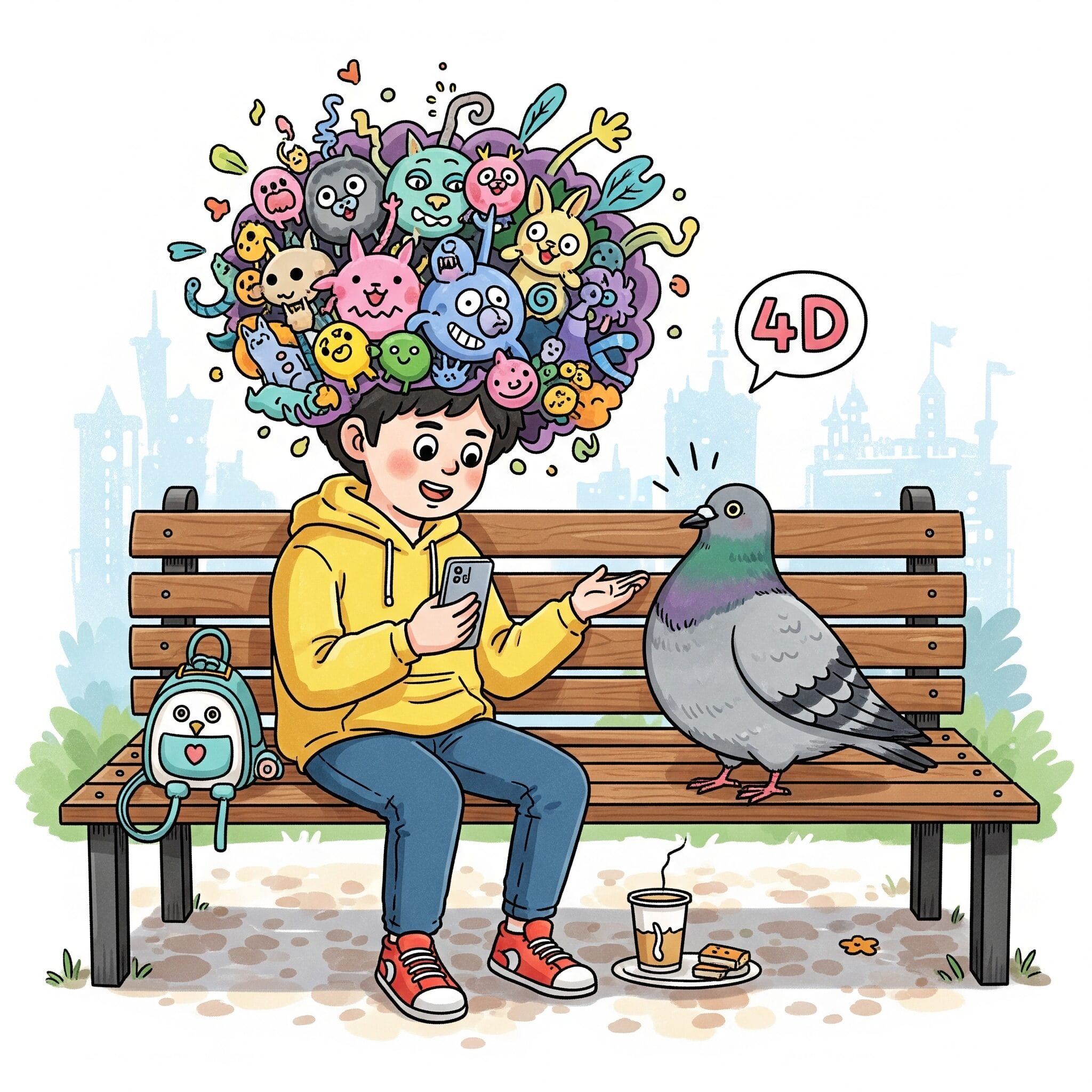 公園のベンチでハトと話そうとしている、風変わりな雰囲気の人のイラスト