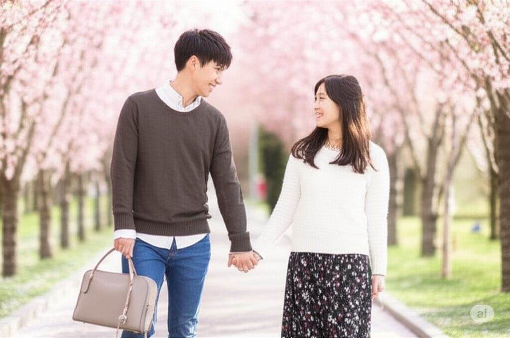 桜並木を手をつないで歩き、見つめ合って微笑む男女。.