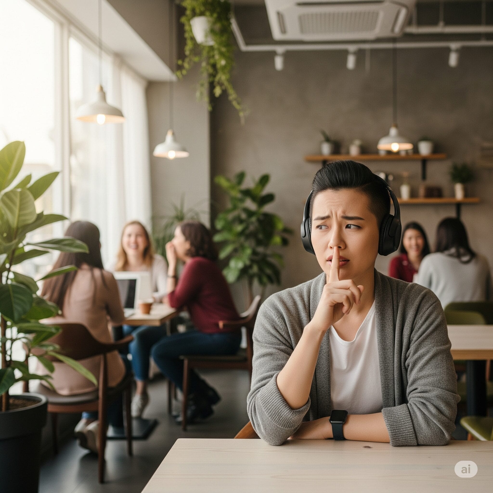 カフェで勉強中の人が、少し困った顔で隣の騒がしいグループに静かにするようジェスチャーしている