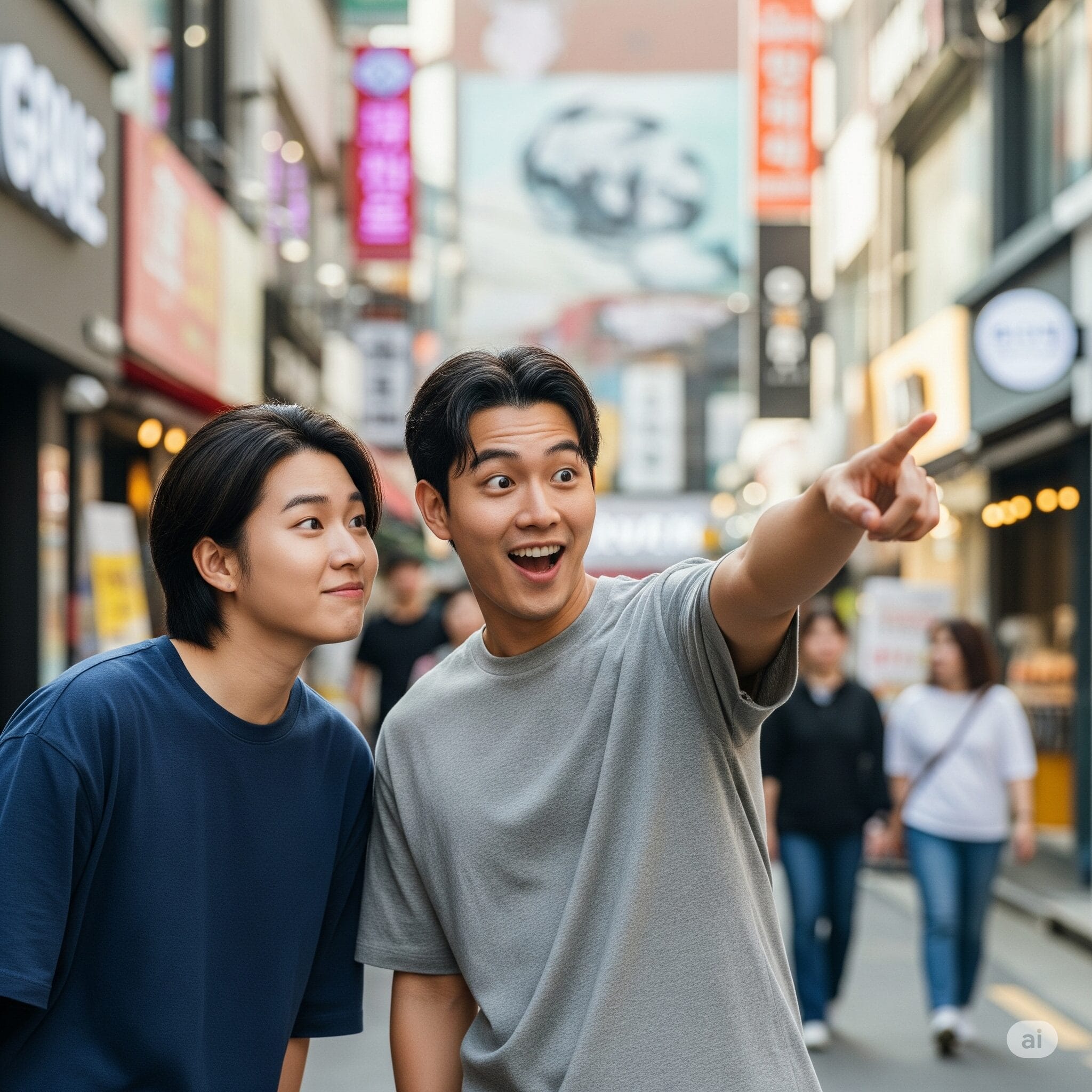 ソウルの街で、友人が「あっちへ行こう」と楽しそうに前方を指さしているシーン