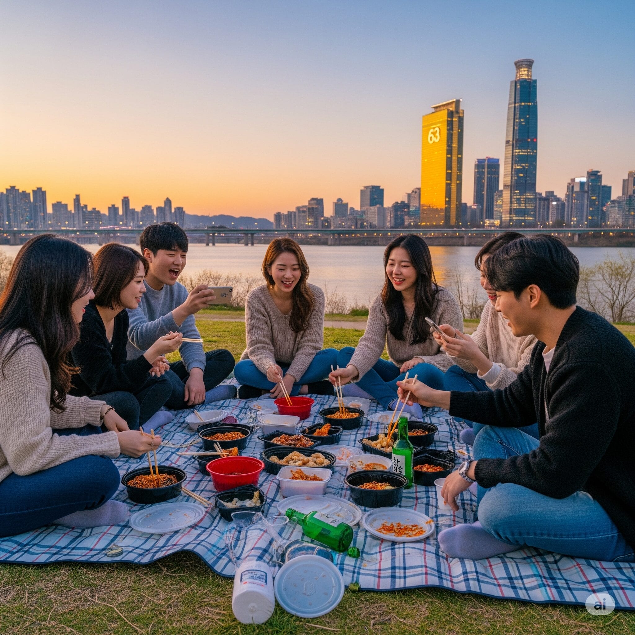夕暮れのソウル・漢江公園で、出前で届いたジャージャー麺を友人たちと楽しんでいる様子