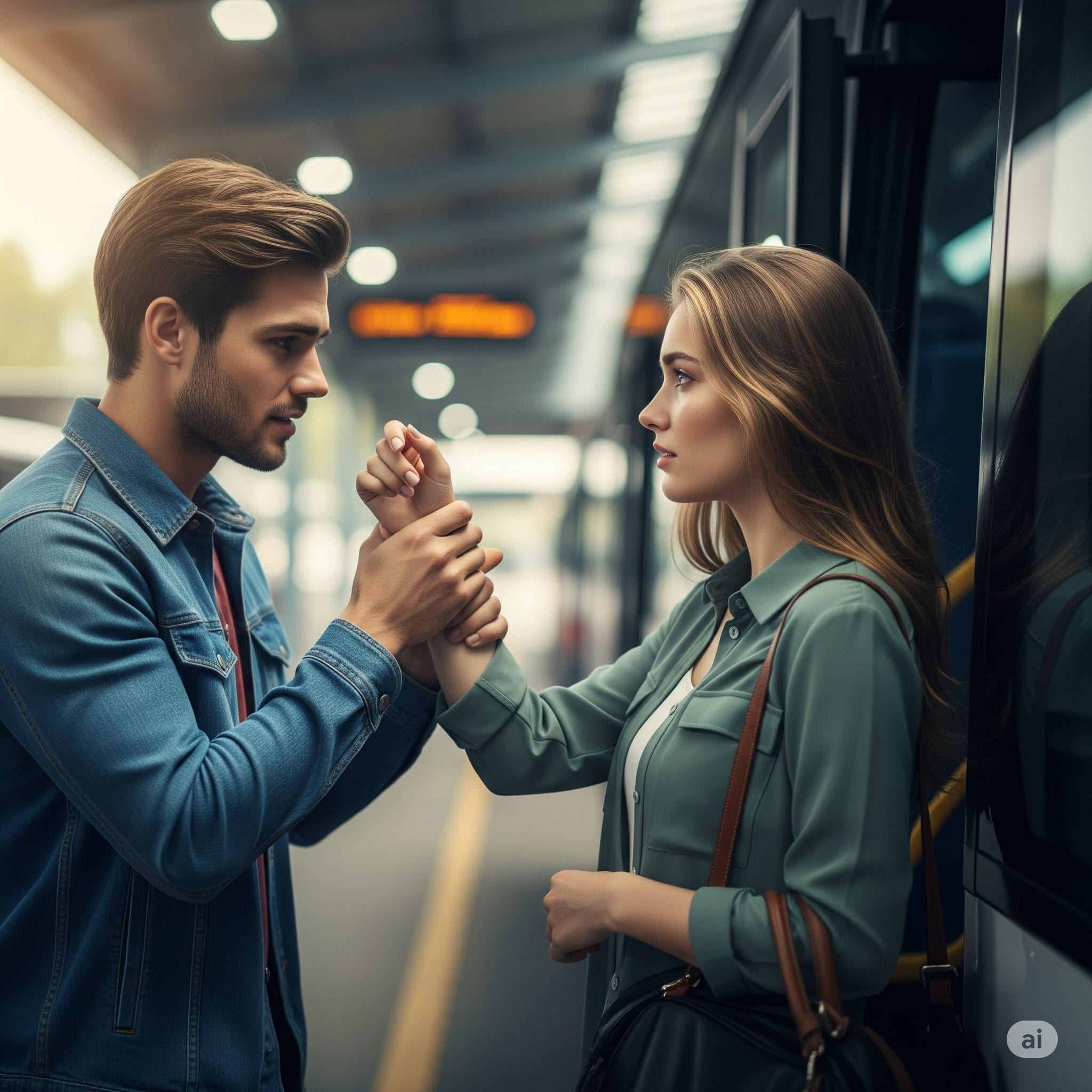 駅のホームで、男性が去って行く女性の手首を掴んで引き留めているドラマのようなシーン