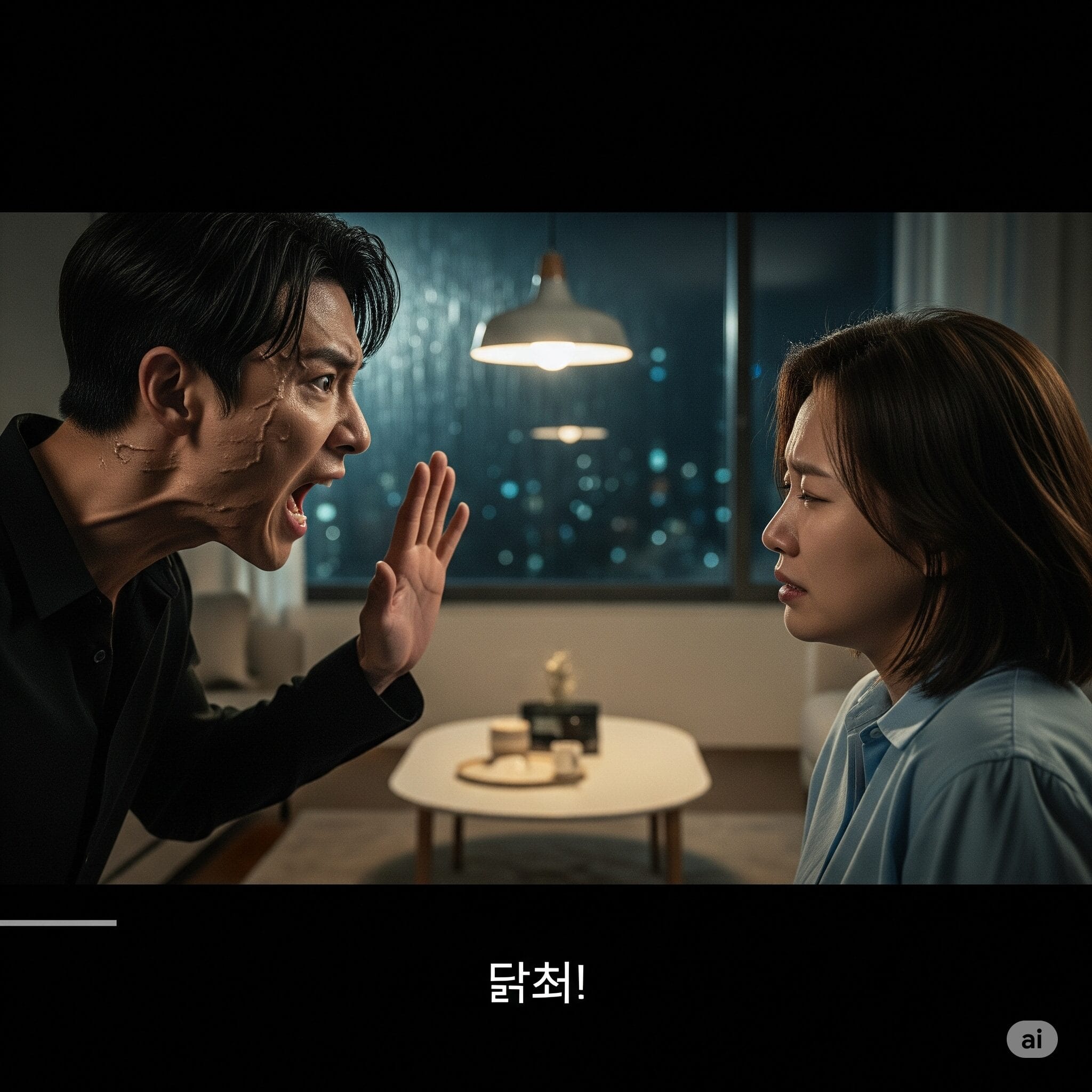 韓国ドラマの一場面のように、二人の人物が激しく口論しており、字幕で「닥쳐!」と表示されている