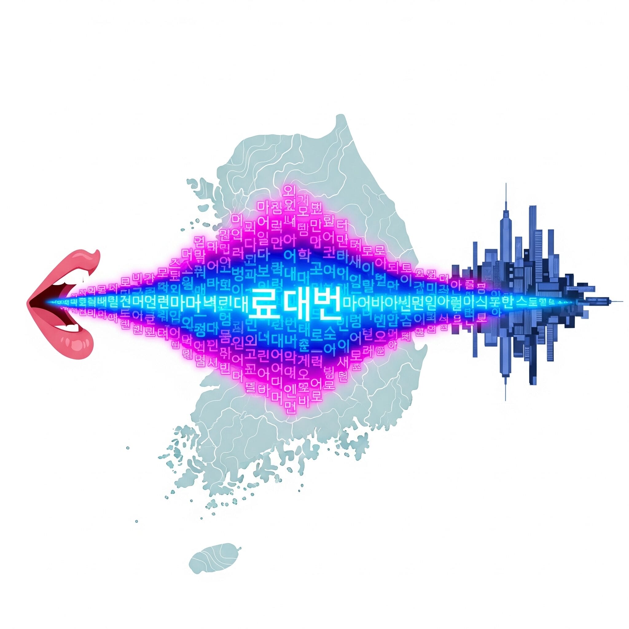口から出た言葉が、韓国の地図の上を光の線のように飛んでいくイラスト