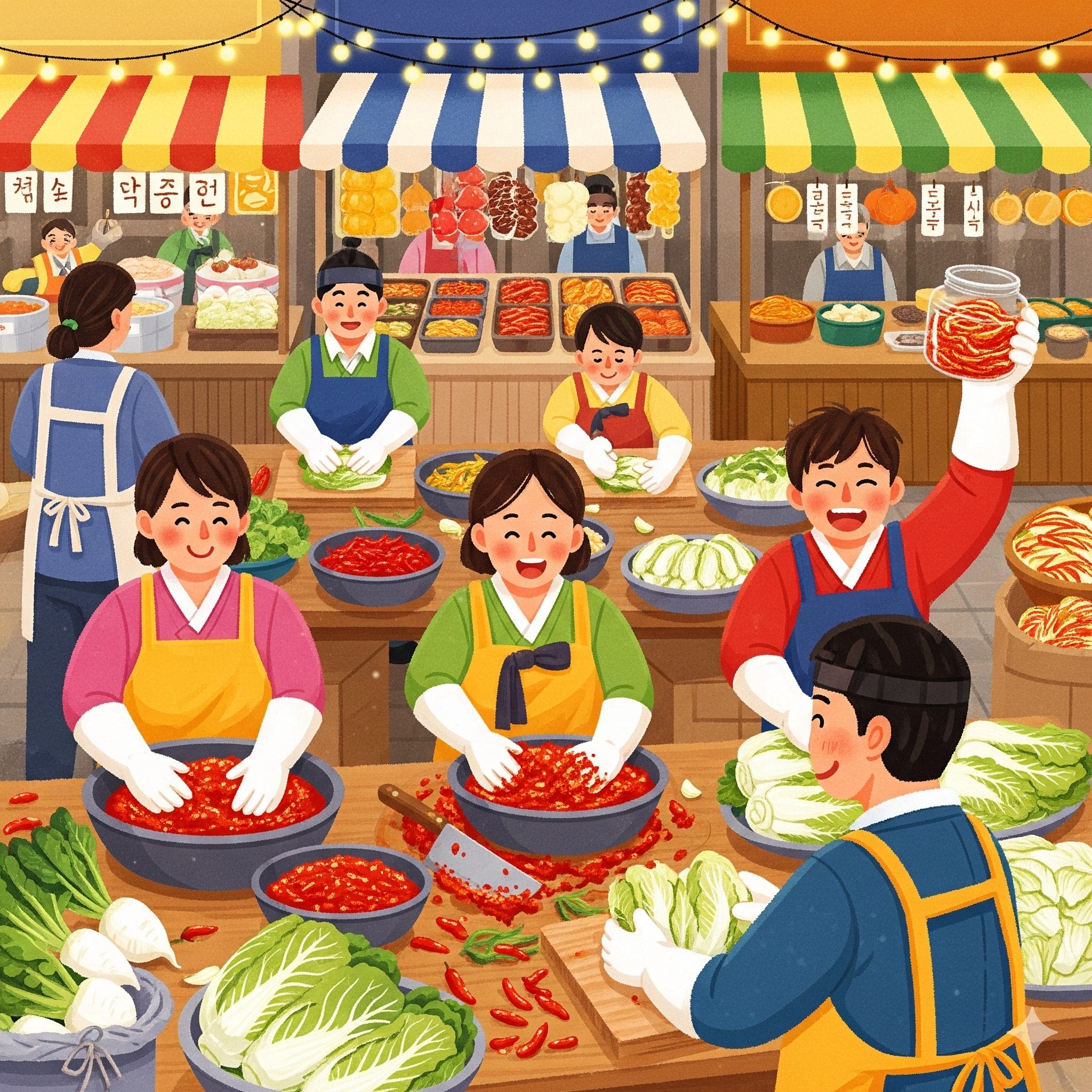 伝統的な市場で協力してキムチを漬ける人々