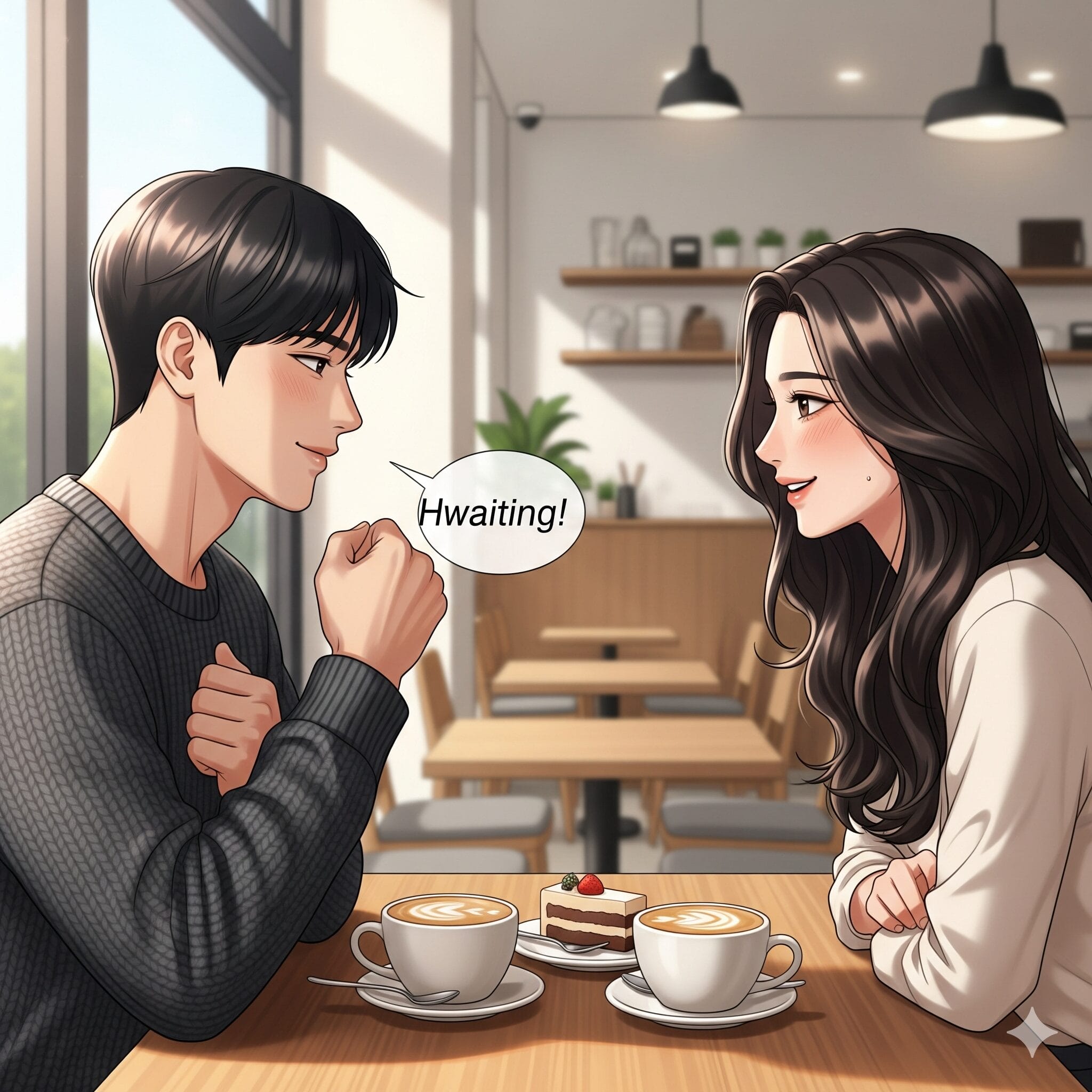カフェで友人を励ます男女のイラスト