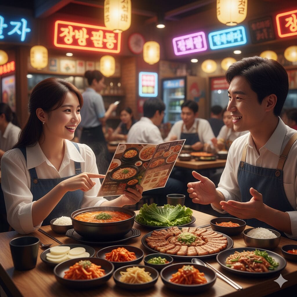 韓国のレストランでメニューを指差して注文する旅行者