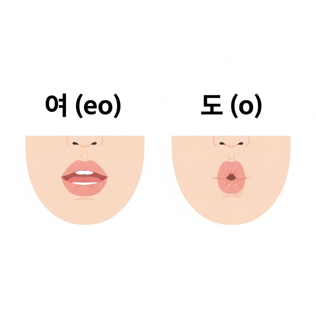 韓国語の母音「ㅓ(eo)」と「ㅗ(o)」の発音の口の形の違いを示すイラスト
