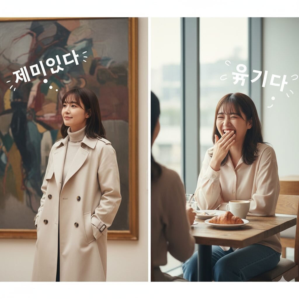 左側は美術館で絵画を鑑賞する女性、右側はカフェで笑う同じ女性
