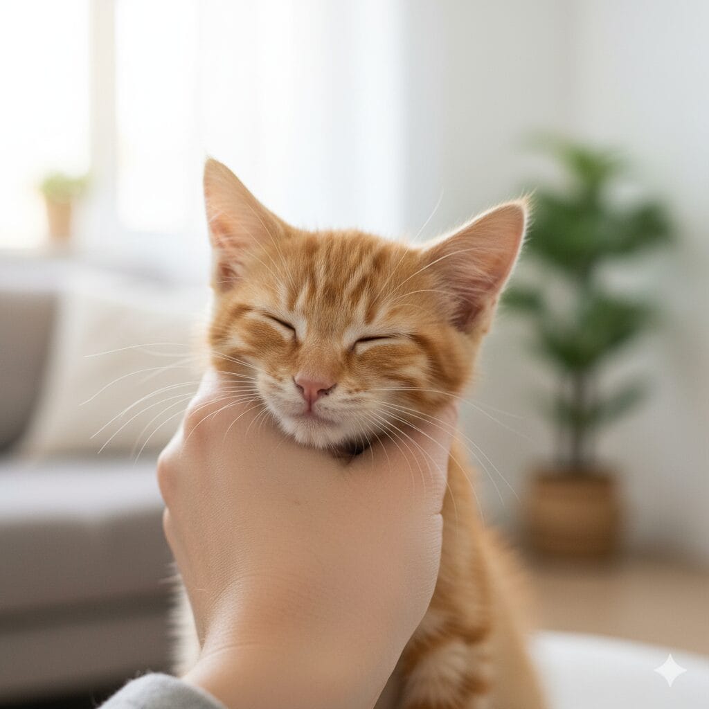 飼い主の手に顔をすり寄せる可愛い茶トラの子猫