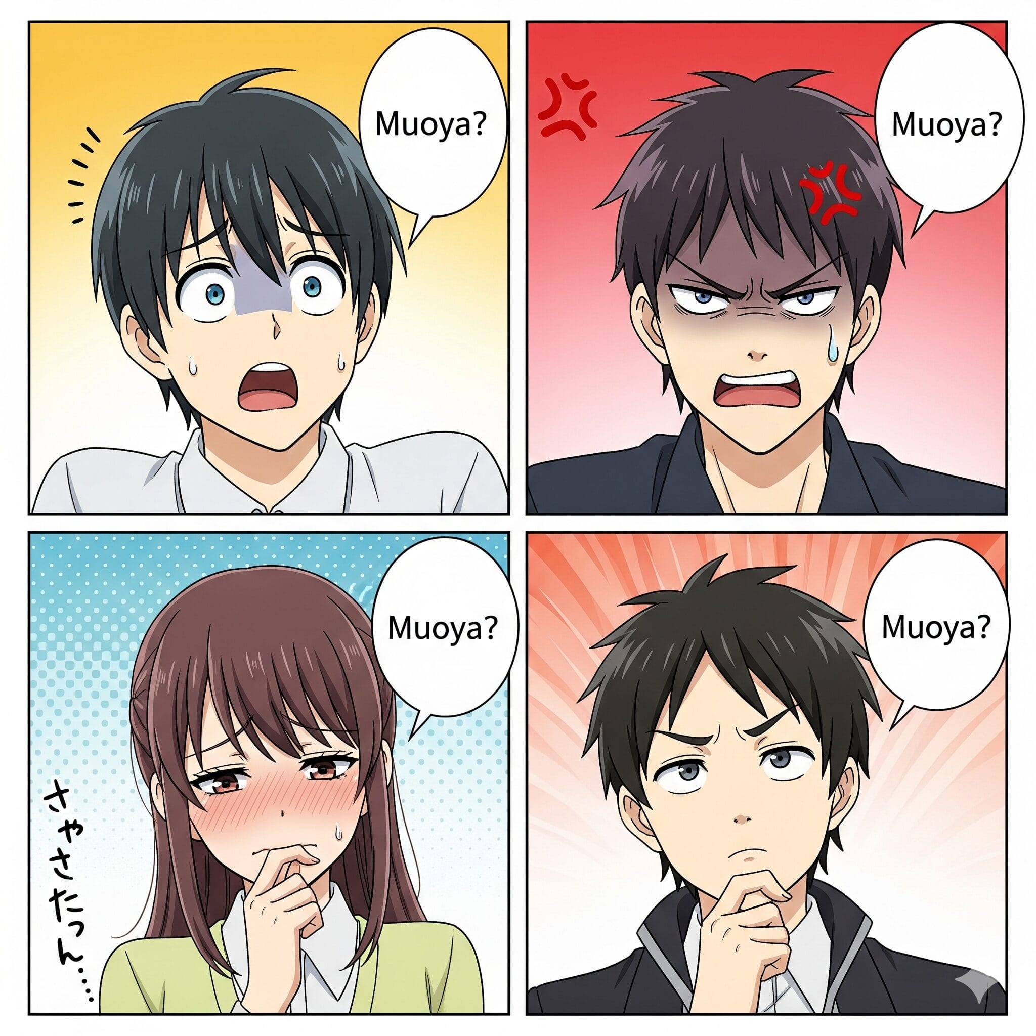 様々な感情で「뭐야?」と言うキャラクターたちのイラスト