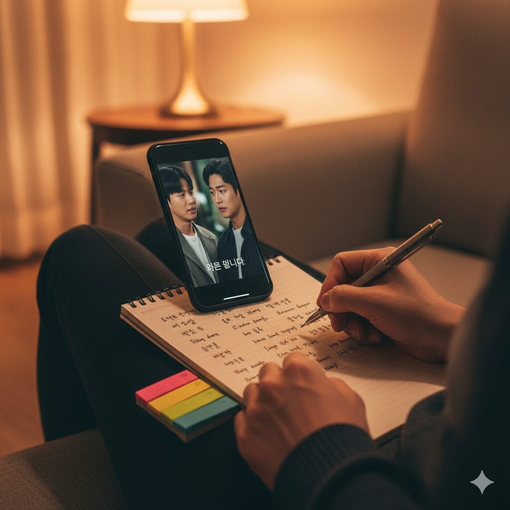 スマートフォンで韓流ドラマを見ながらノートに単語を書き留める