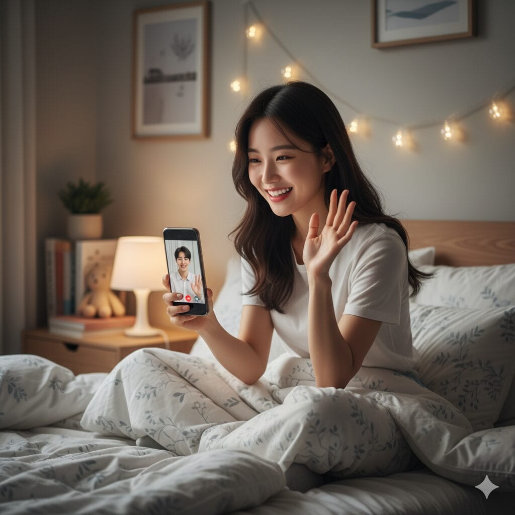 友人とスマホでビデオ通話する女性