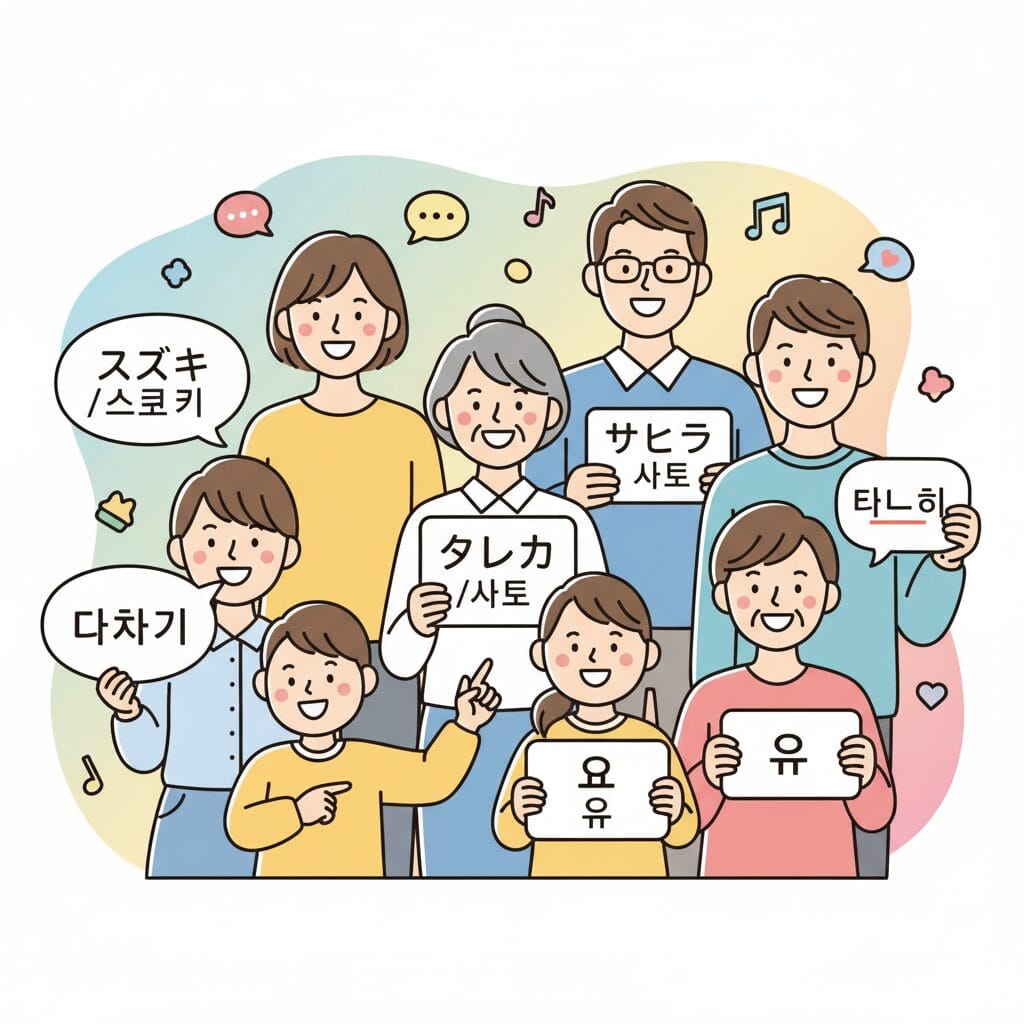様々な日本人がハングルで書かれた自分のネームプレートを持って笑っているイラスト