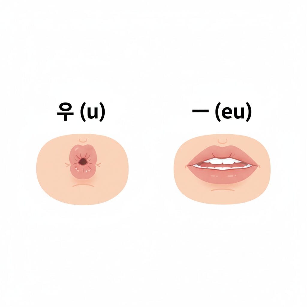 韓国語の母音「ㅜ(u)」と「ㅡ(eu)」の発音の口の形の違いを示すイラスト