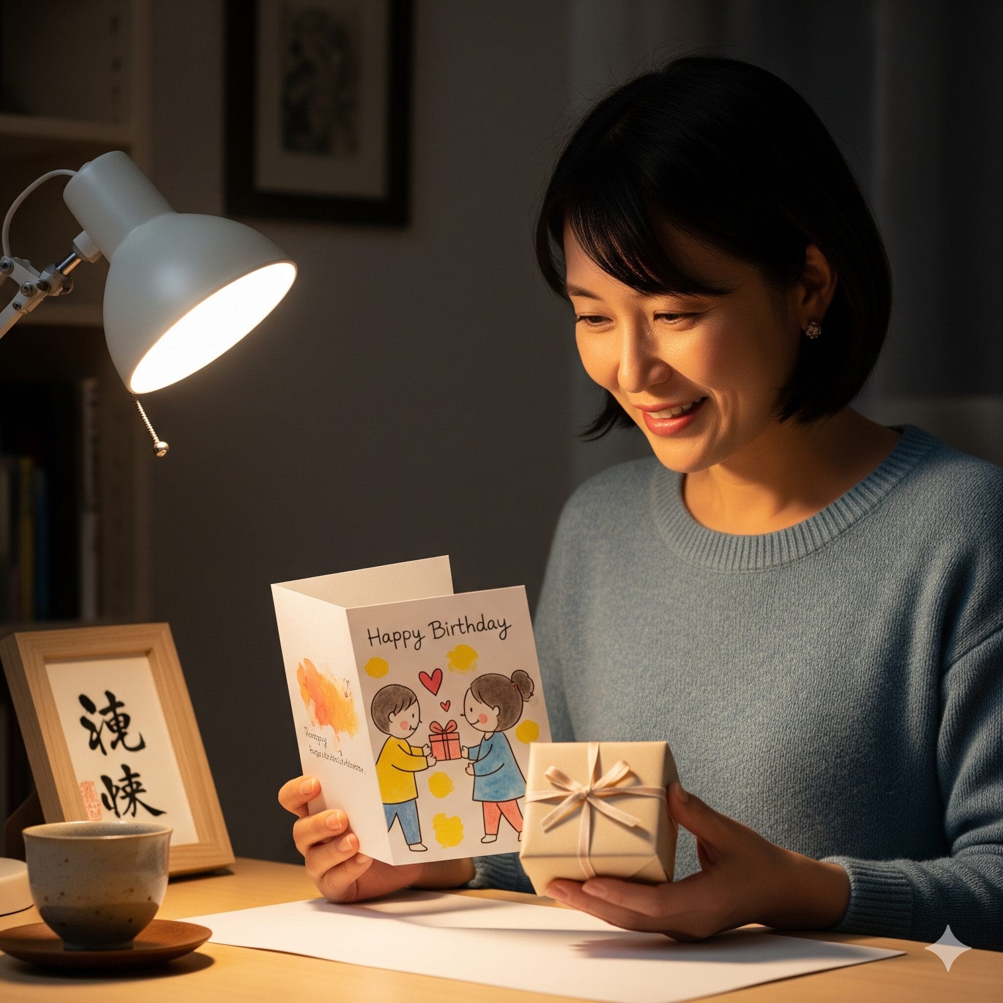 友人にプレゼントをもらって喜ぶ女性