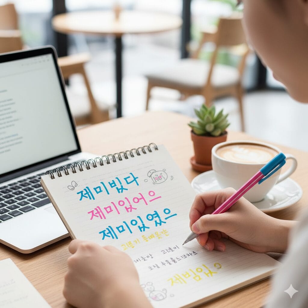 カフェで韓国語の活用形をノートに書いている手元