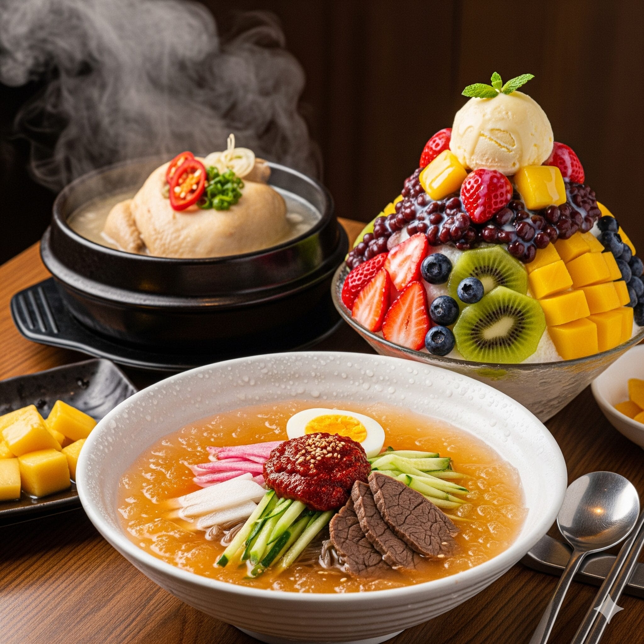 冷麺とパッピンス、そして参鶏湯が並んだテーブル