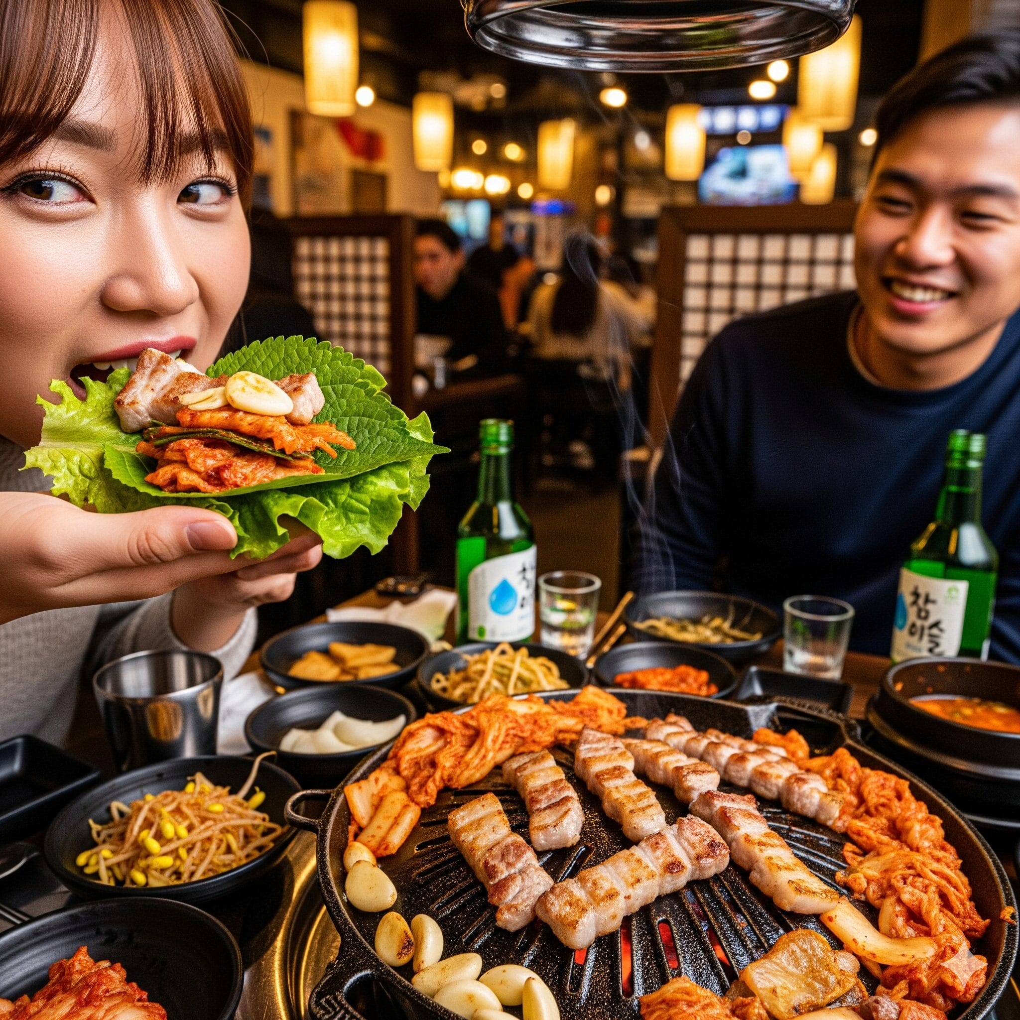 サムギョプサルを大きな口で食べようとしている幸せそうな人