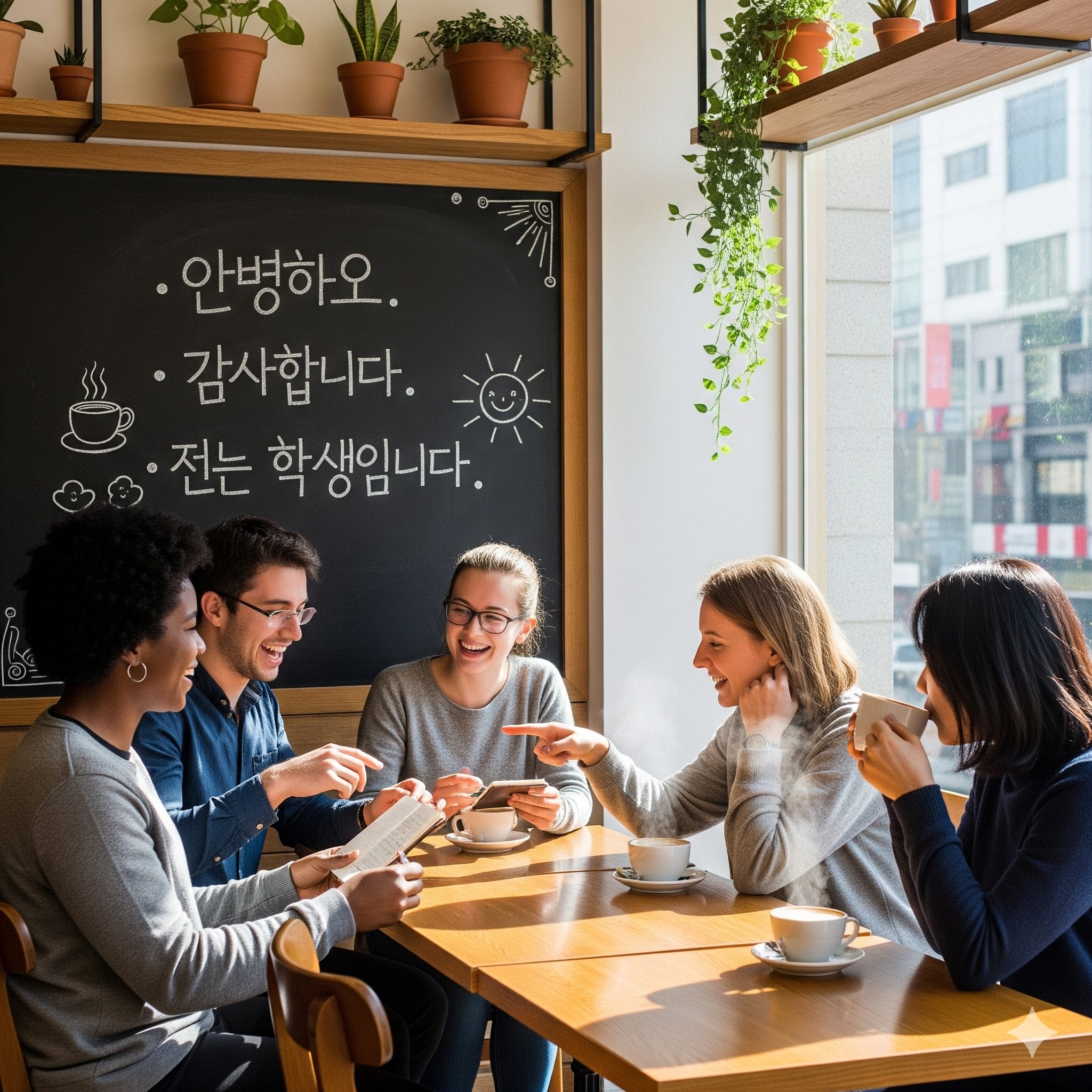 カフェで韓国語を学ぶ学生たち
