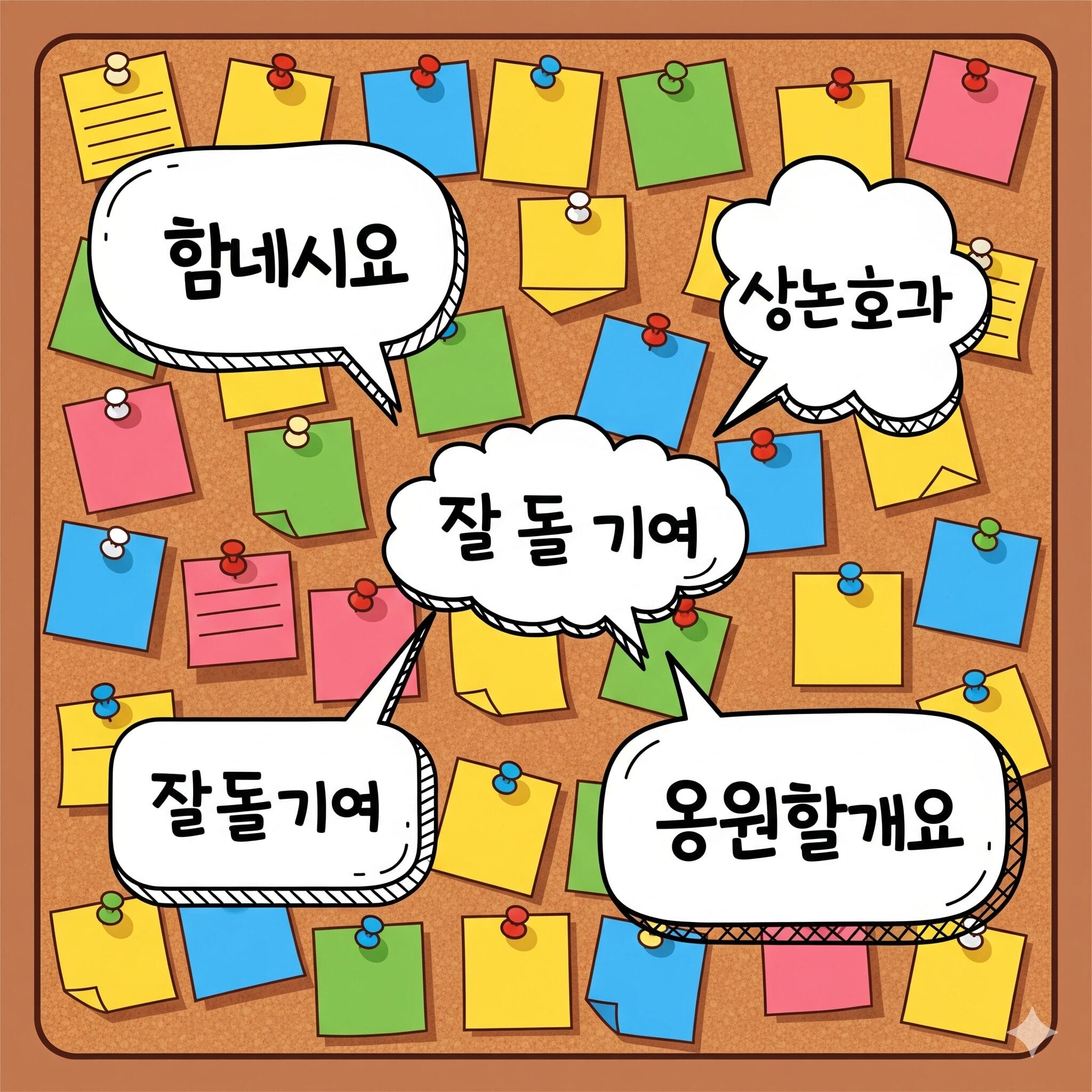 韓国語の応援フレーズが書かれたカラフルな付箋