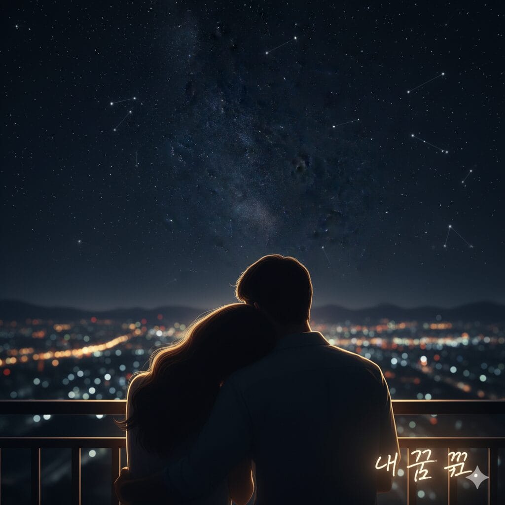 夜のバルコニーで寄り添う恋人たちのシルエット