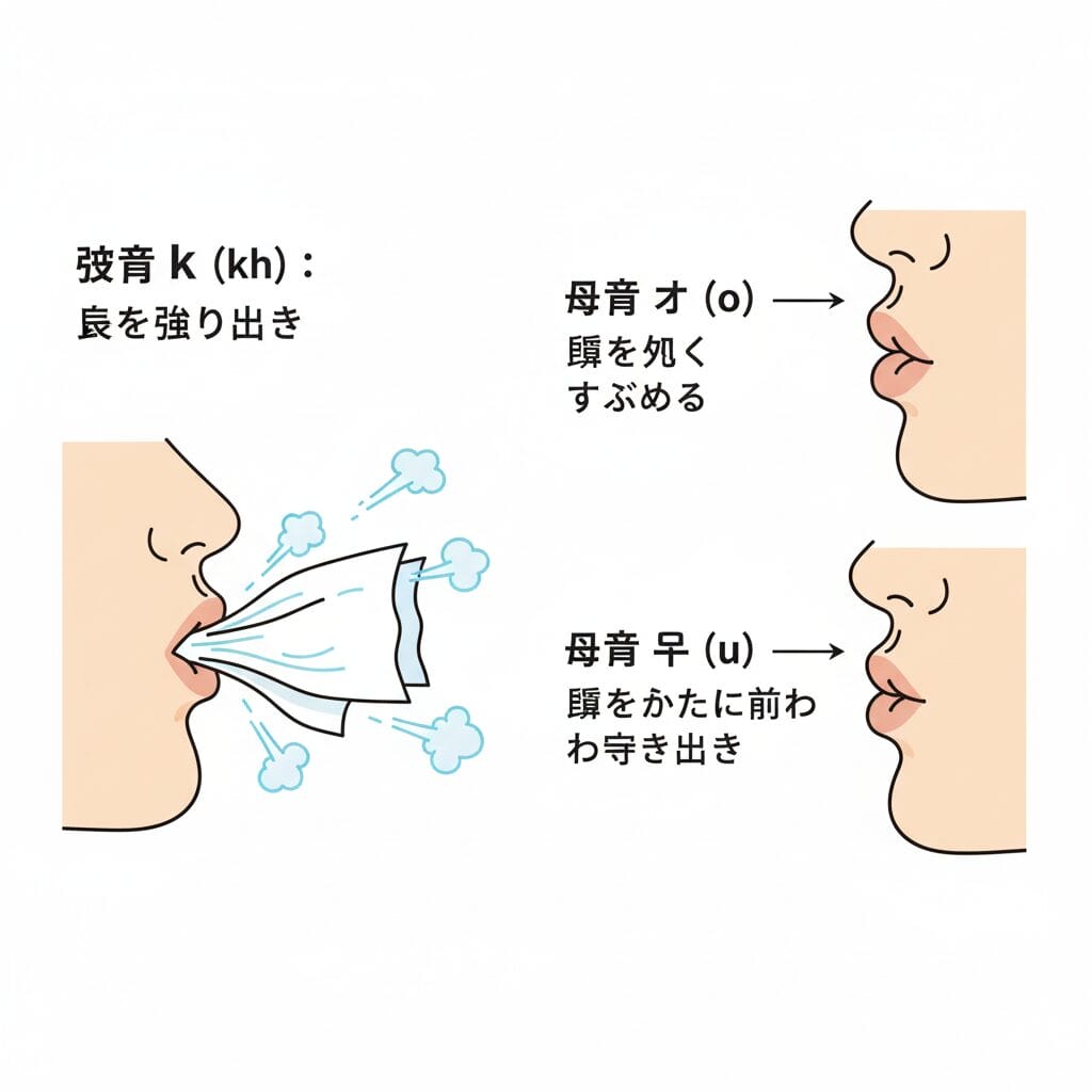 人の横顔と口元を図解し、発音のコツを示したイラスト