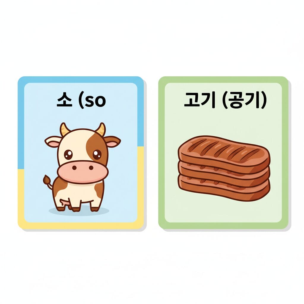 「소(牛)」と「고기(肉)」の単語カードのイラスト
