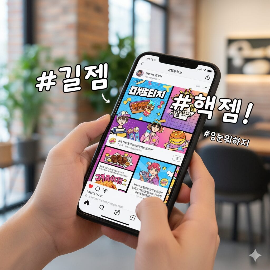 スマートフォンのSNS画面に表示された「#꿀잼」のハッシュタグ