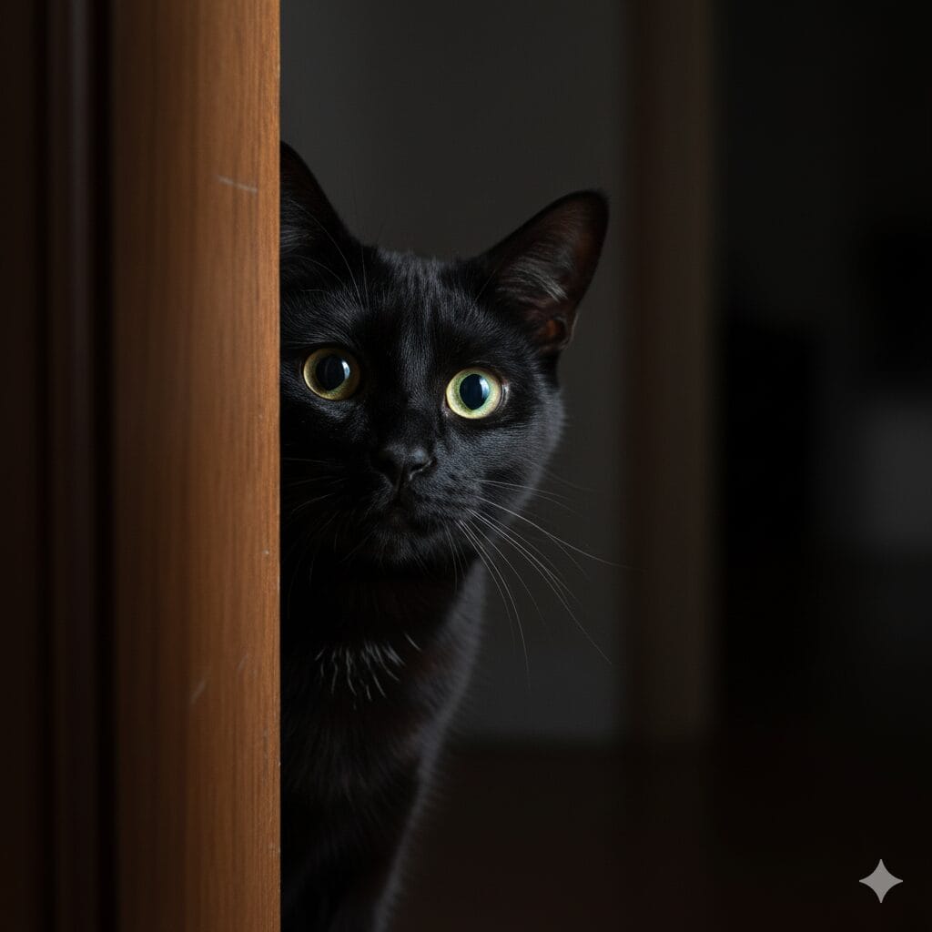 ドアの隙間から好奇心旺盛な目で覗き込む黒猫
