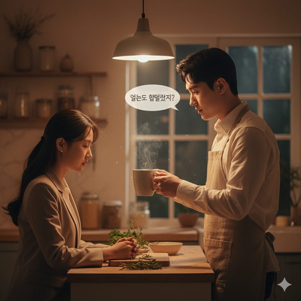 夜のキッチンで、夫が疲れて帰宅した妻に温かいお茶を差し出している思いやりのあるシーン