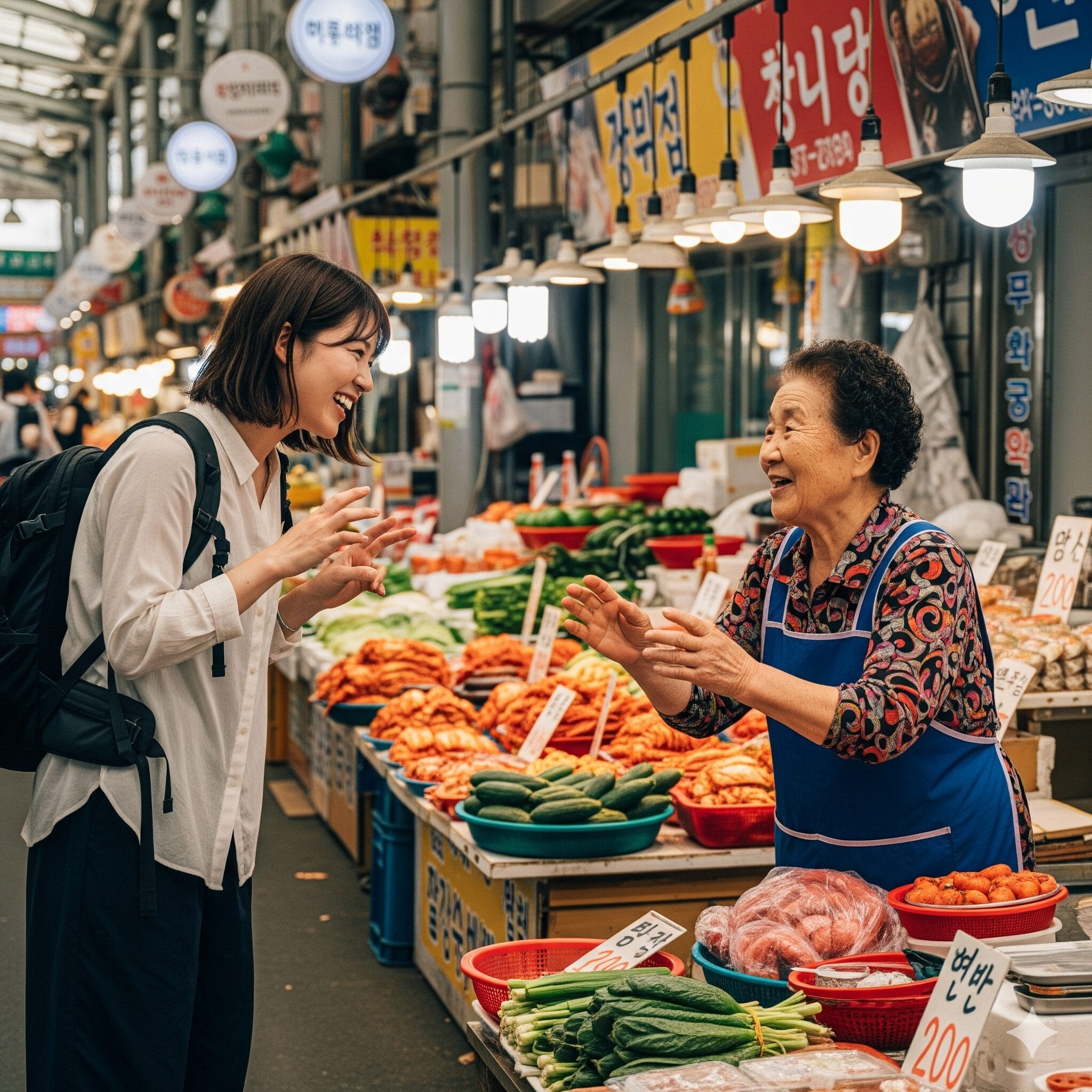 韓国の街で楽しそうに会話する人々