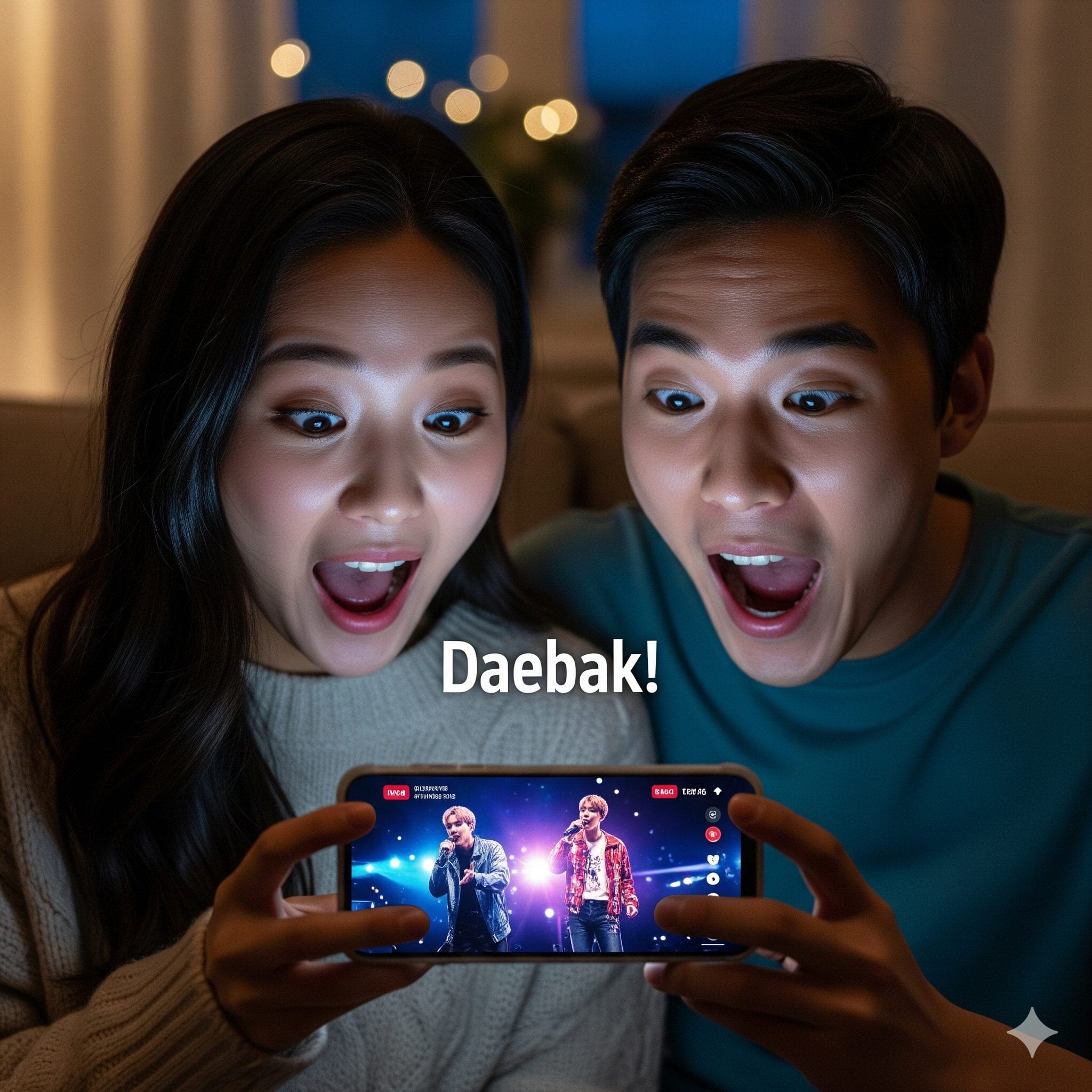 スマートフォンを見て「대박!」と驚き喜ぶ若者たち