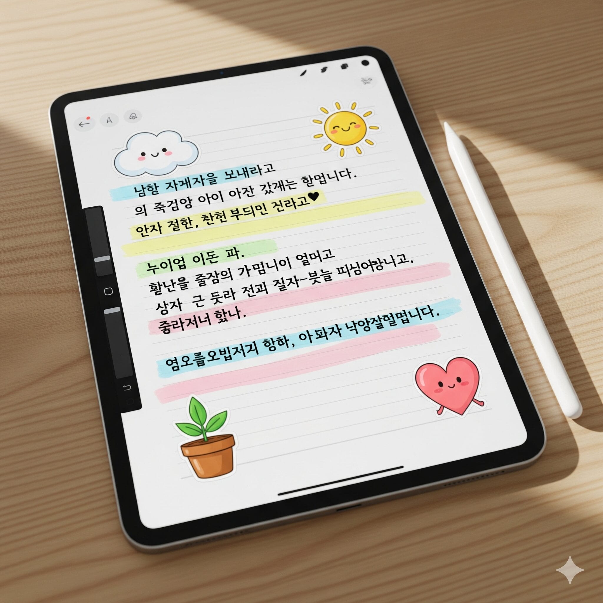 タブレットで韓国語のデジタルノートを学習している
