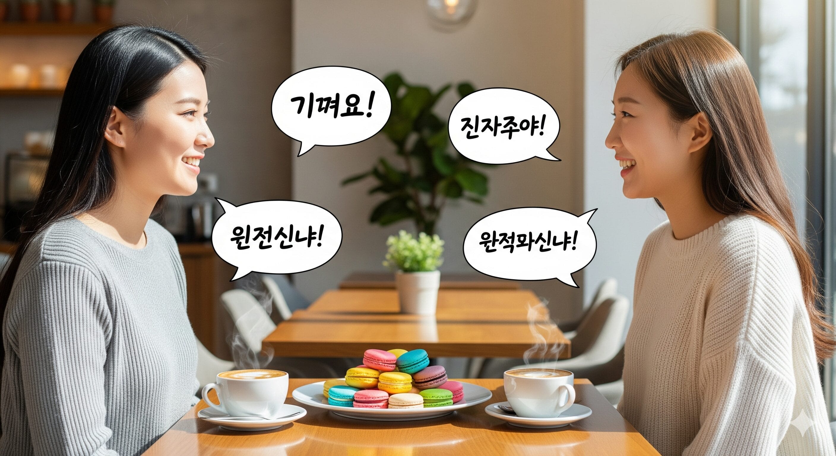 2人の女性がコーヒーとマカロンを片手にカフェのテーブルに座り、微笑みながら会話をしている。それぞれの女性の上には韓国語の吹き出しが表示されている。.