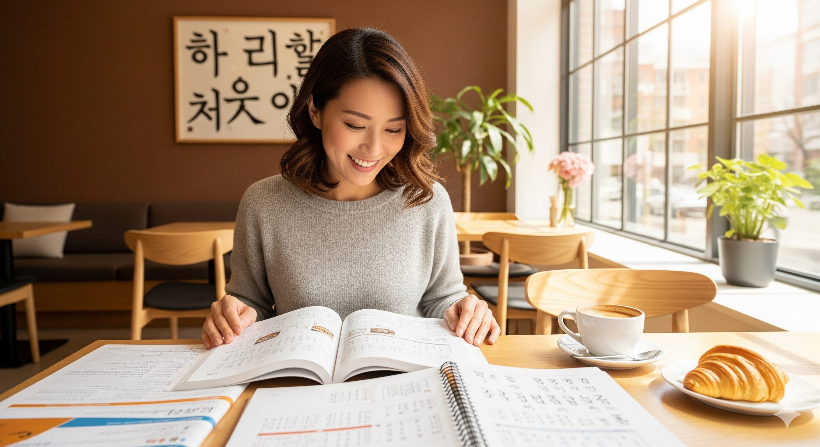 カフェのテーブルでコーヒーとクロワッサンを食べながら韓国語の本を読む女性。大きな窓から差し込む日差し、後ろの壁に書かれたハングル文字。.