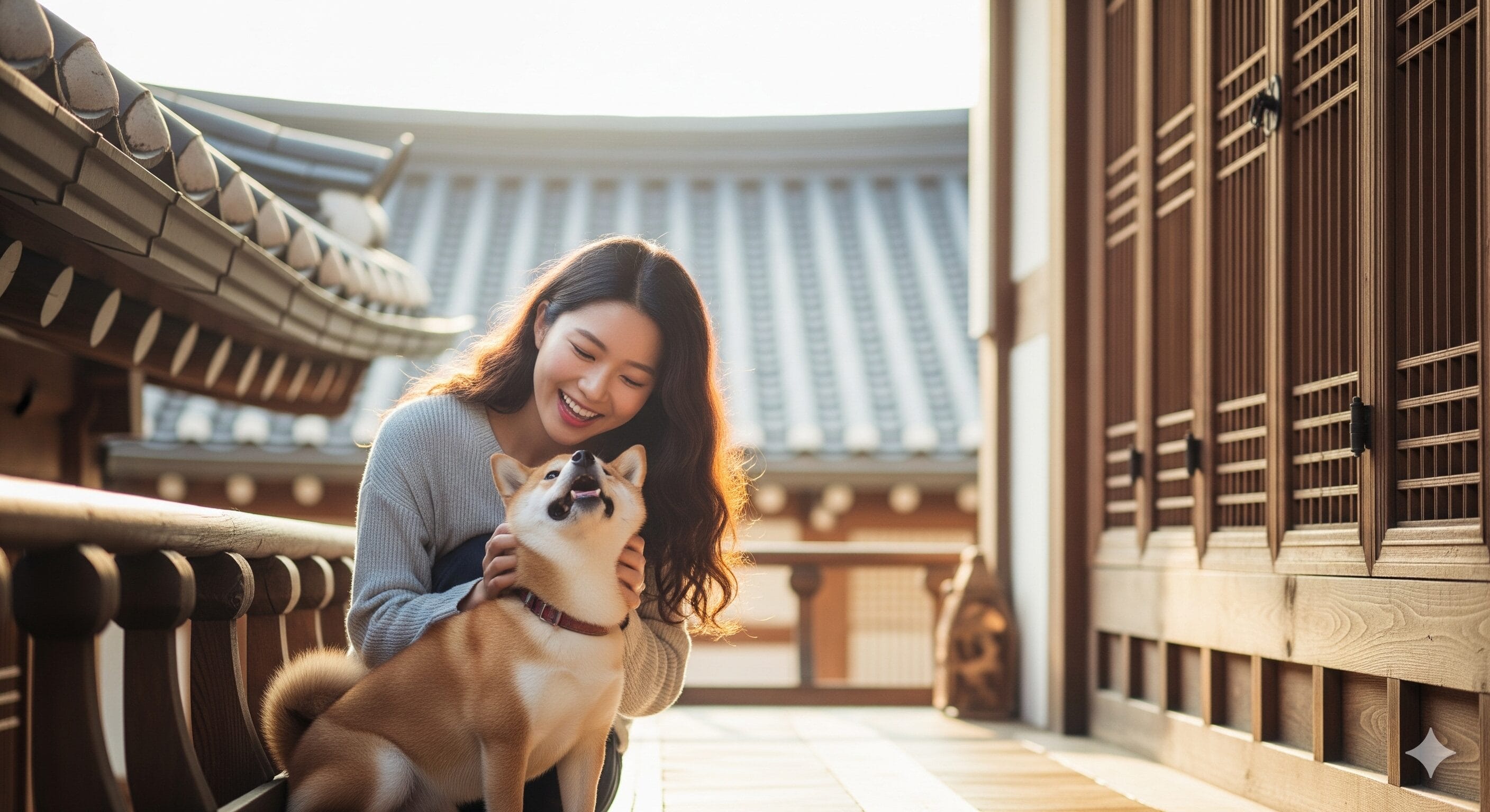 アジアの伝統建築を背景に、木造のベランダで柴犬を撫でながら微笑む女性。.