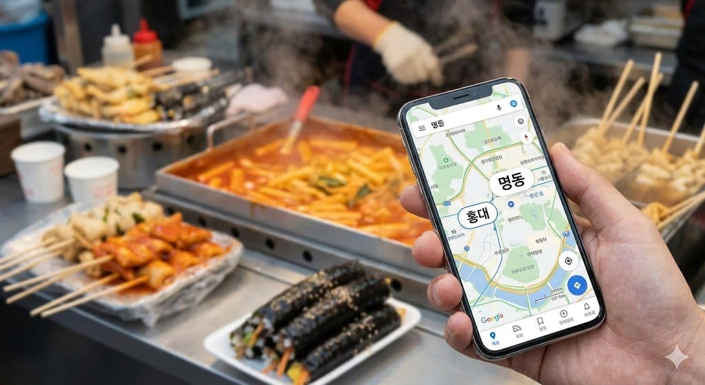スマホの地図アプリと韓国の屋台料理