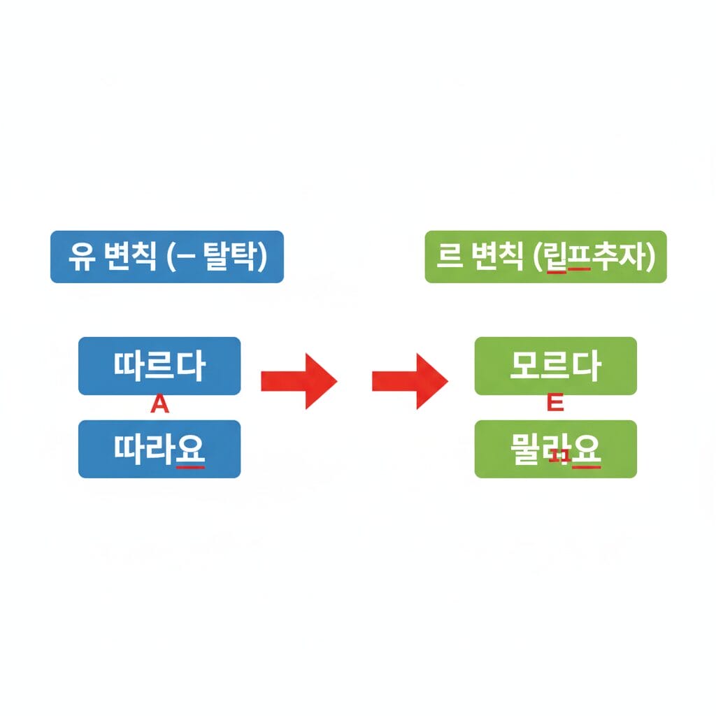 「으変則（따르다→따라요）」と「르変則（모르다→몰라요）」の違いを比較する対比表