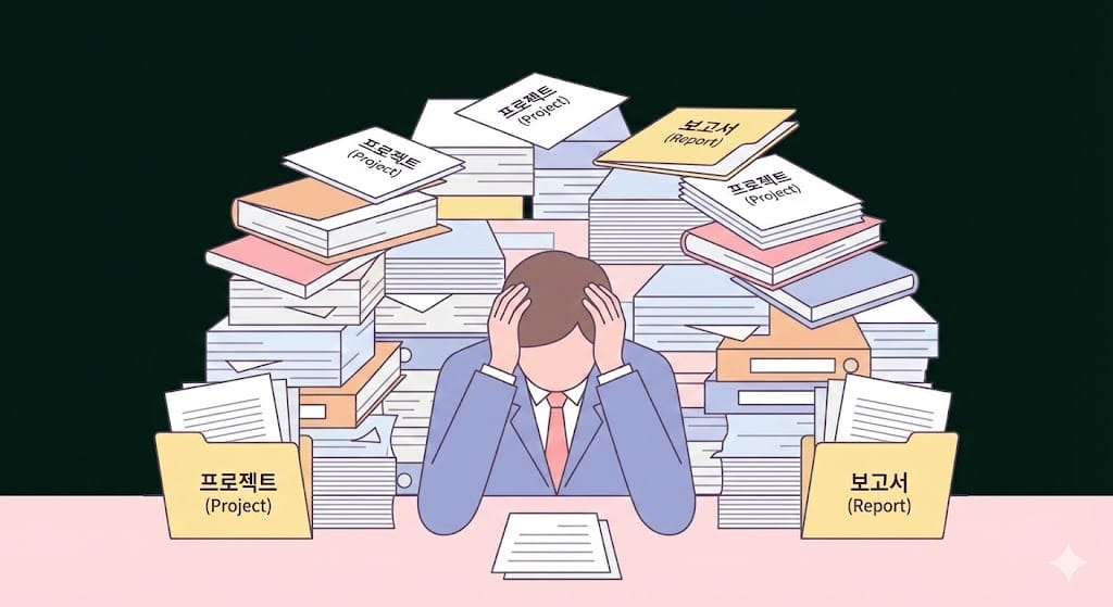 重い荷物を背負い、困難な状況に直面しているイラスト。힘들다のイメージ。