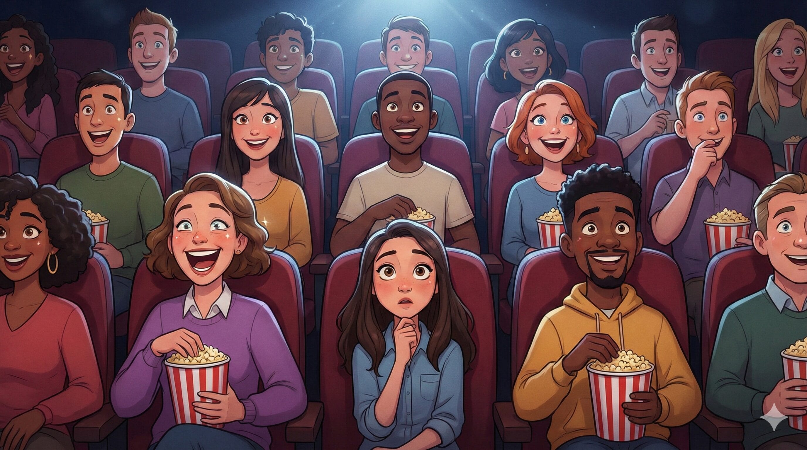 映画館でポップコーンを食べながらスクリーンを見て笑っている観客たち。재미있다（面白い）を表現。