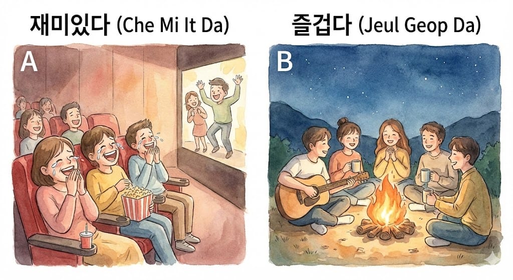 映画で笑う様子とキャンプで和む様子の対比