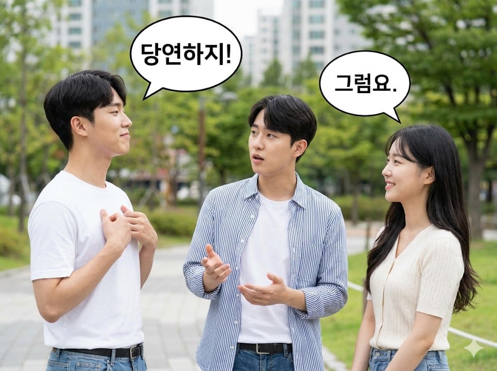 물론, 당연하다, 그럼요のニュアンスの違いを表現する韓国人のイラスト