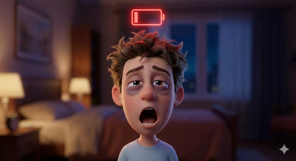 睡眠不足であくびをしているキャラクター。電池切れのアイコン。피곤하다のイメージ。